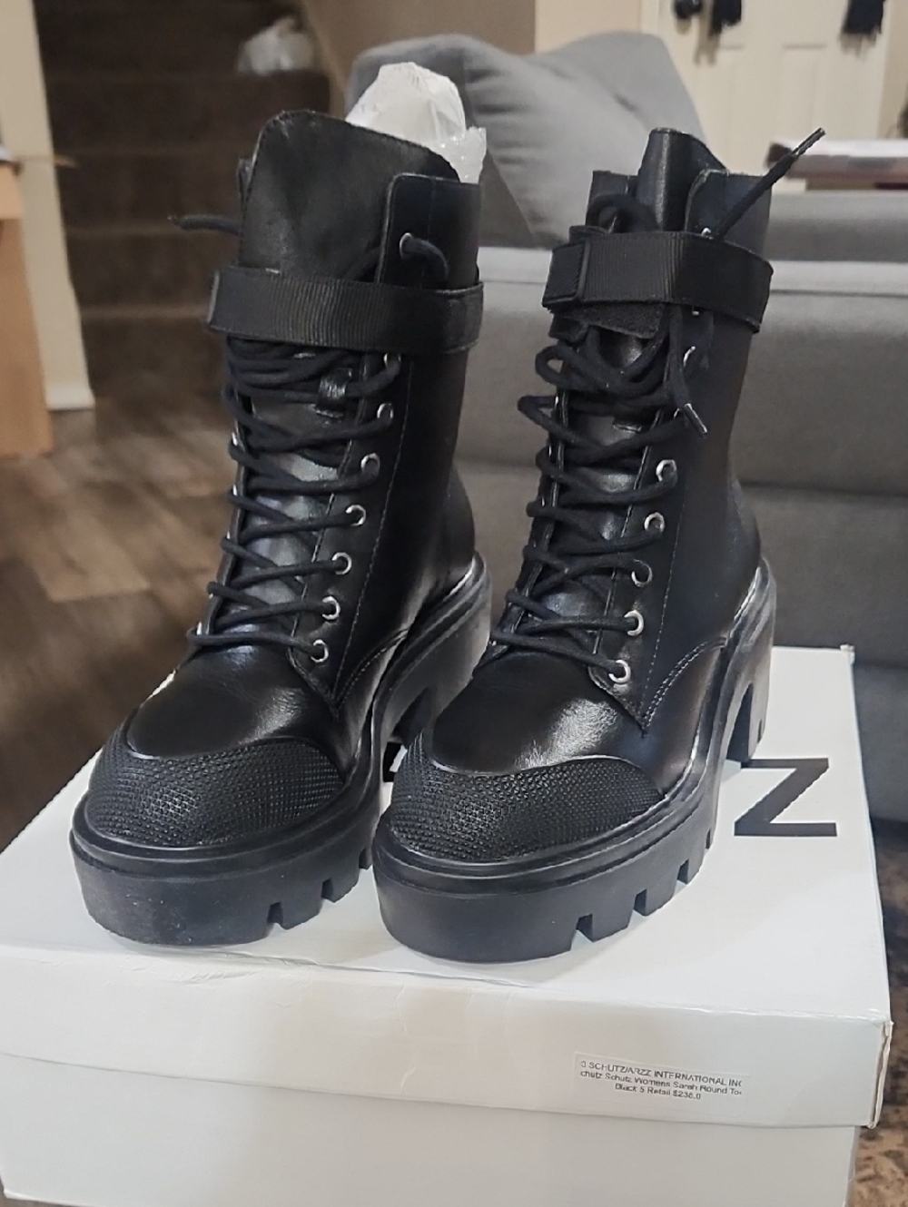 SCHUTZ Black Lace-Up Platform Combat Boots with Ankle Strap